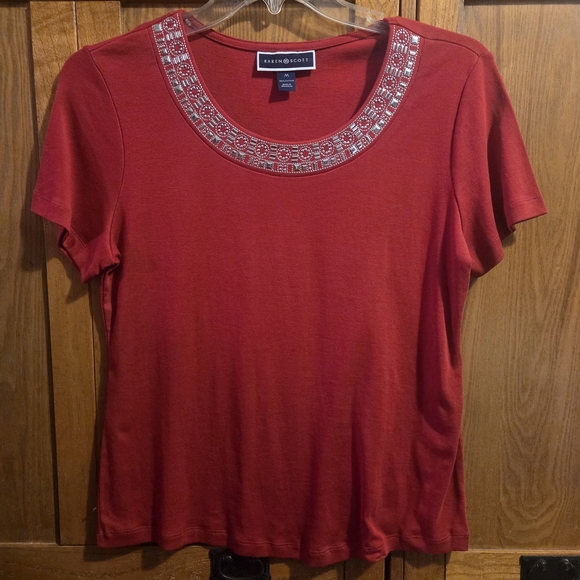 Karen Scott Ruby Short Sleeve Top with Embellished Neckline - Picture 1 of 8